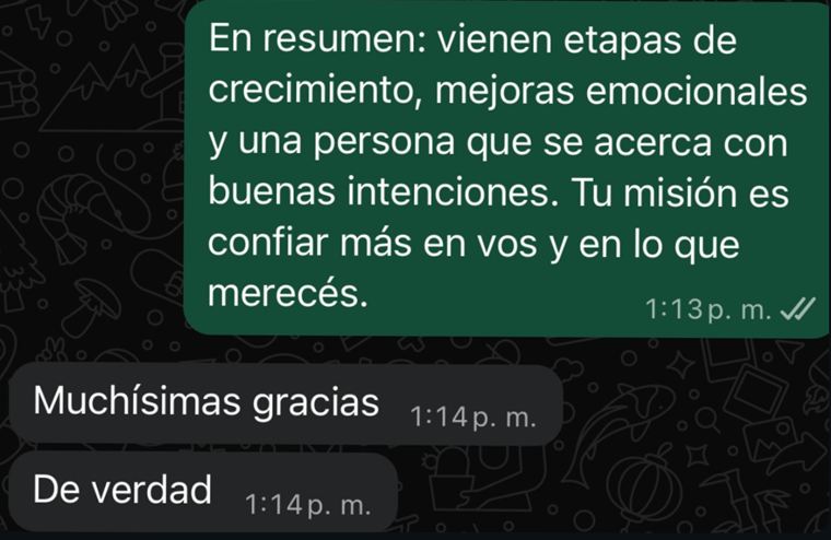 Captura de WhatsApp. Después de mi mensaje, la persona responde: «Muchísimas gracias» y «De verdad».